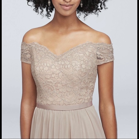 Off-the-Shoulder Lace and Mesh Bridesmaid Dress - Picture 3 of 8